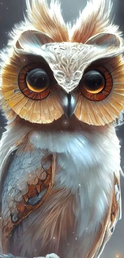 Artistic owl wallpaper with glowing eyes set against a dark background.