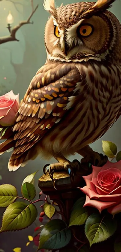 Owl perched among roses in a forest setting mobile wallpaper.