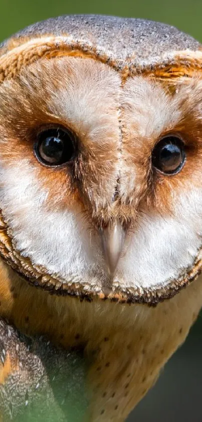 Barn owl with detailed feathers and green background in a nature scene wallpaper.