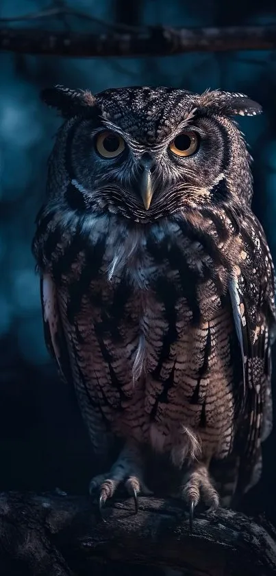 Majestic owl perched on a branch at night in a dark blue forest.