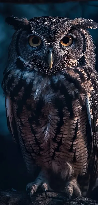 A majestic owl perched in a moonlit, dark blue forest.