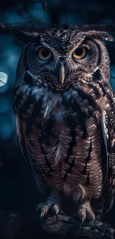 Majestic owl perched in dark forest night scene.