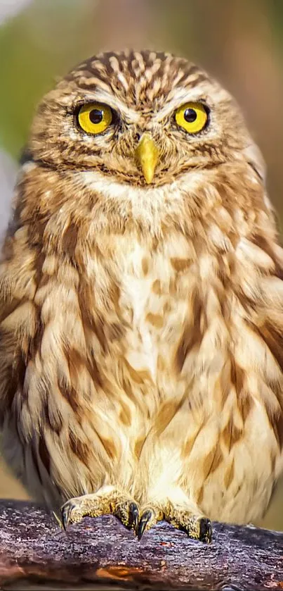 Brown owl perched on a branch with bright yellow eyes.