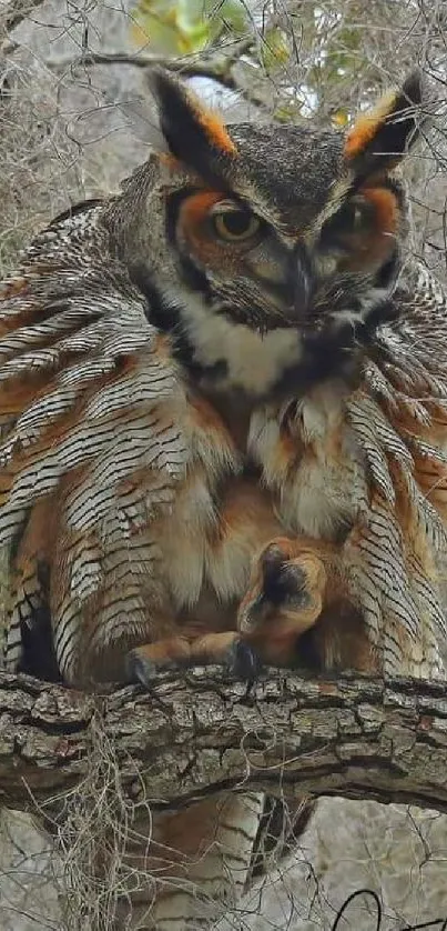 Majestic owl perched on a tree branch in a forest setting.