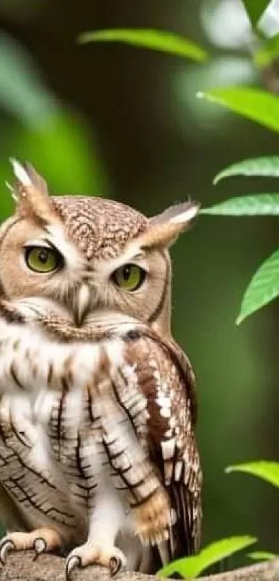 Owl perched on a tree branch surrounded by green leaves.