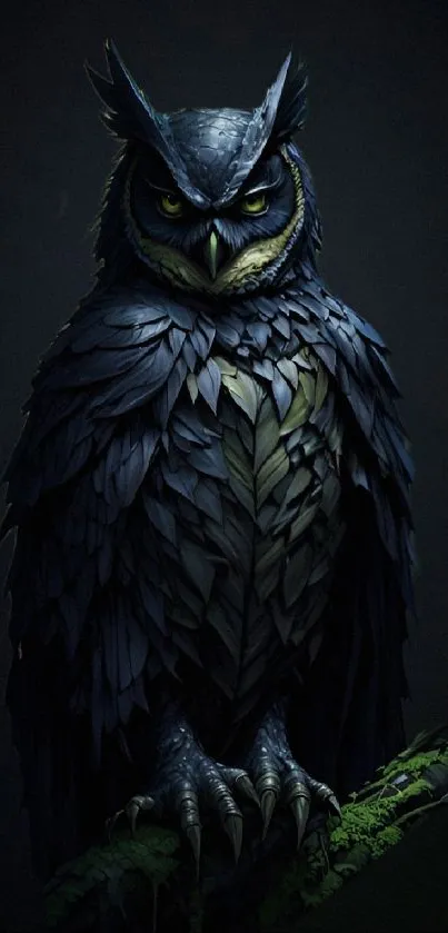 Majestic owl perched on branch, dark mystical wallpaper.