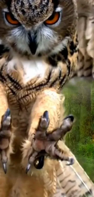 Majestic owl in flight with orange eyes and forest background.