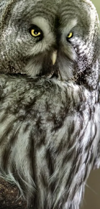 Close-up of a majestic owl with striking yellow eyes and detailed feathers.