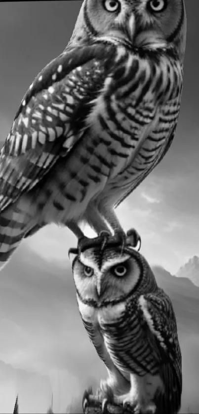 Black and white owls in a serene setting, creating an elegant wallpaper.