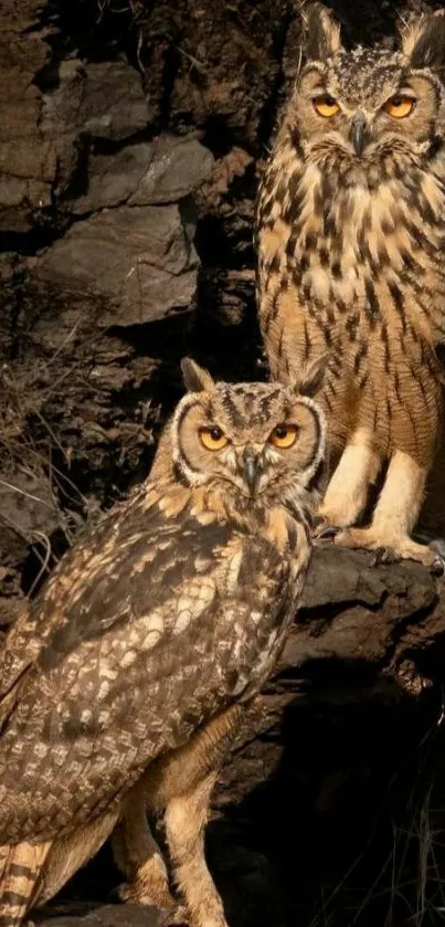 Two owls perched on rocky terrain in natural habitat.