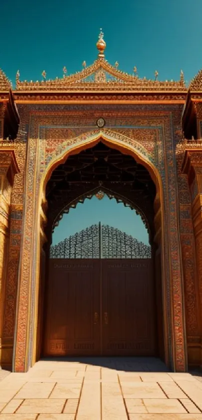 Majestic palace gate with intricate golden designs and blue sky.