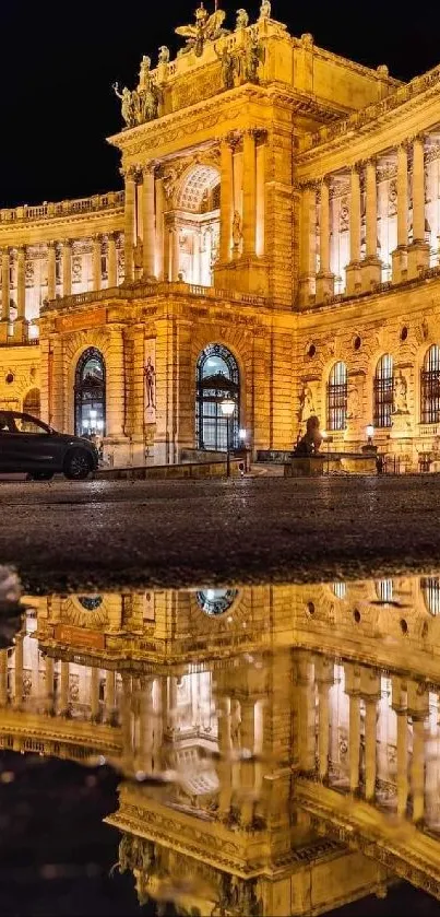 Majestic golden palace reflecting in water under night sky.