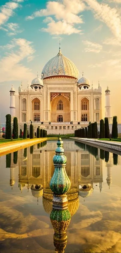 Elegant palace with reflecting pool at sunset.