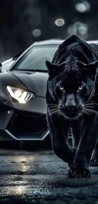 Black panther poised in front of a sleek sports car at night.