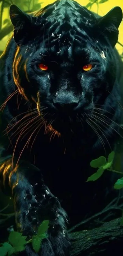 Black panther prowling in lush green jungle with intense gaze.