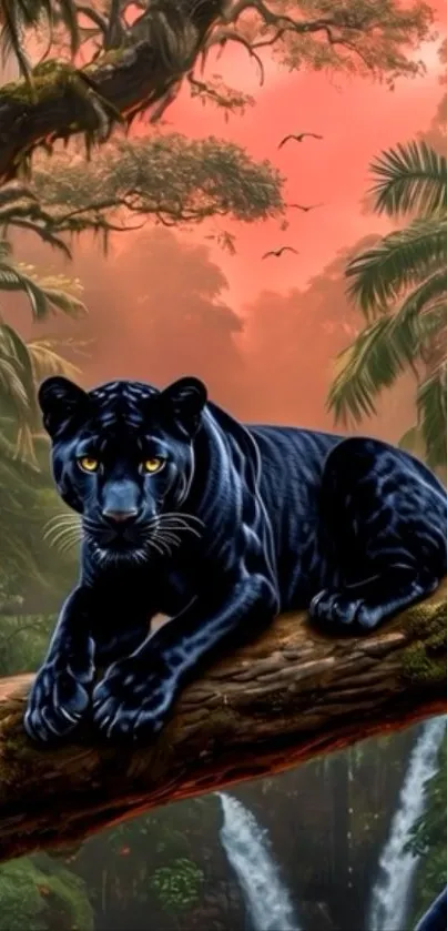 Black panther resting on a branch in a lush jungle at sunset with a waterfall backdrop.