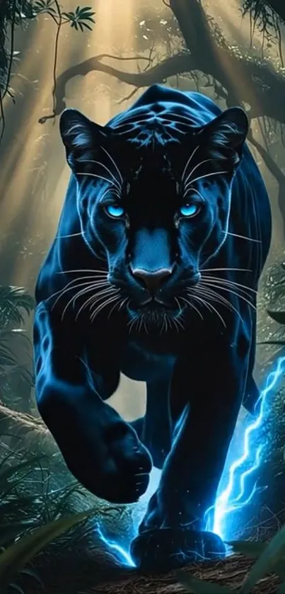 A majestic panther with glowing eyes in a mystical jungle setting.