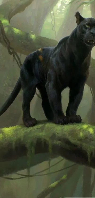 Majestic black panther on a tree in a dense jungle setting.