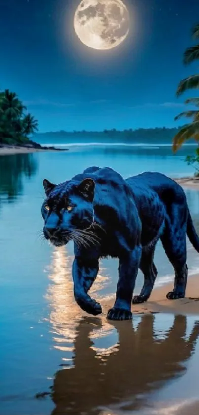 Panther walking on moonlit tropical beach under full moon.