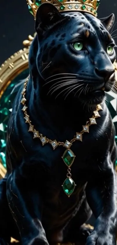 Majestic panther with a crown and jewels in a regal setting.