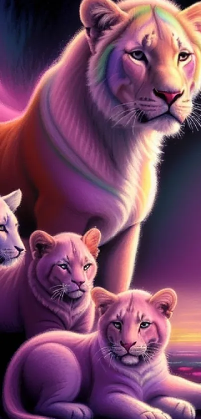 Majestic pastel lions with vibrant hues.