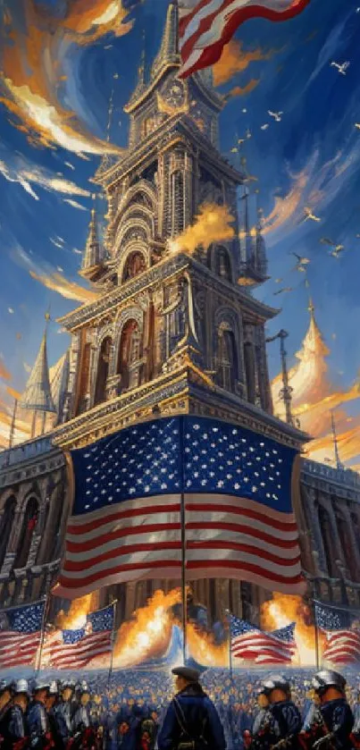 Majestic patriotic tower with flags and vibrant sky scenery.