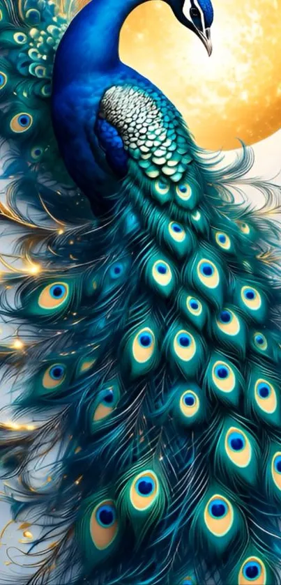 Majestic peacock with vibrant feathers and glowing moon.