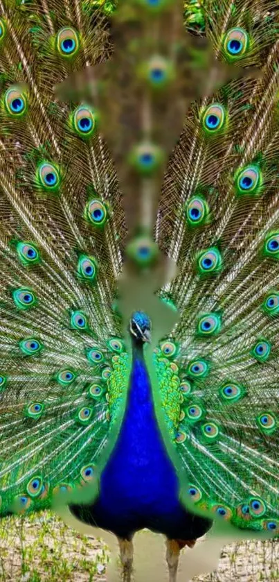 Vibrant peacock displaying colorful feathers in a natural setting.
