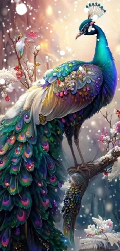 Beautiful peacock in magical forest wallpaper, vibrant colors.