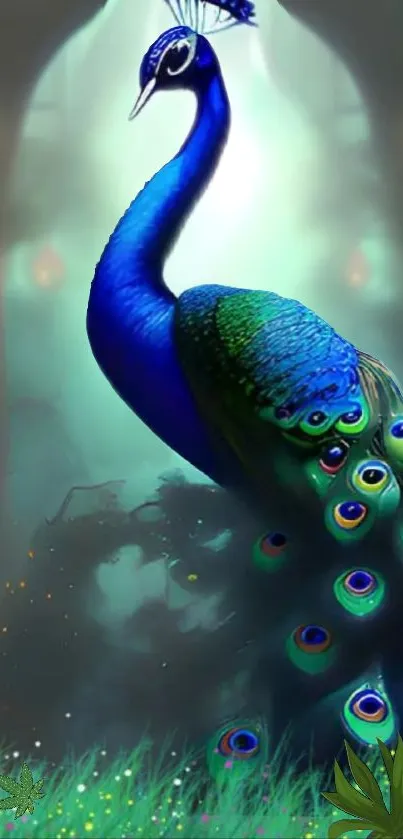 Fantasy peacock with vibrant feathers in a mystical setting.