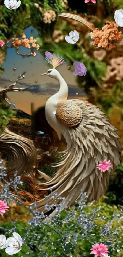 A majestic peacock surrounded by blossoms and greenery.