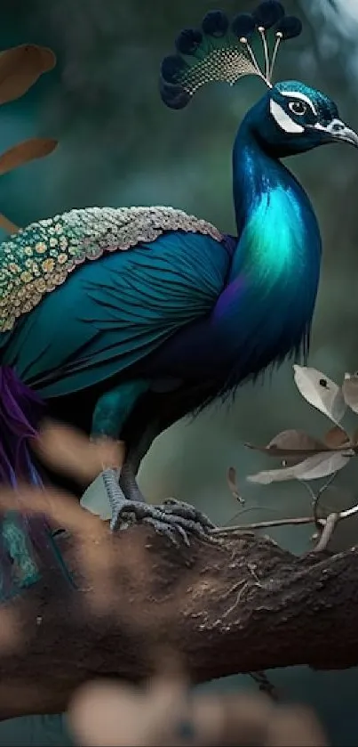 Majestic peacock perched on a branch in a mystical forest setting.