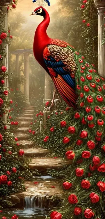 A vibrant peacock perched among red roses and stone pillars.