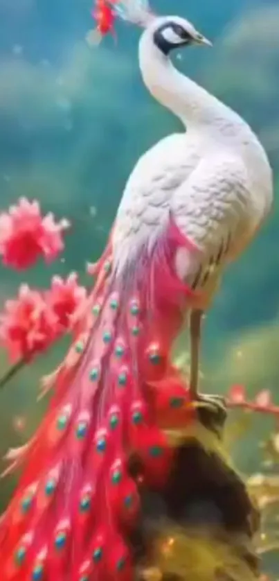 A white peacock with vibrant tail feathers in a serene nature setting.