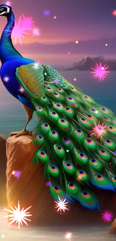 A majestic peacock perched on a rock by the sea during a vibrant sunset.