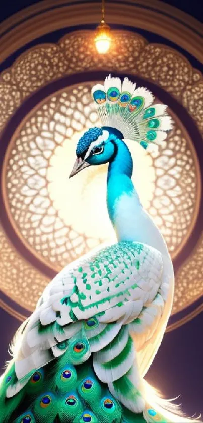 Elegant peacock with vibrant feathers and mandala background.