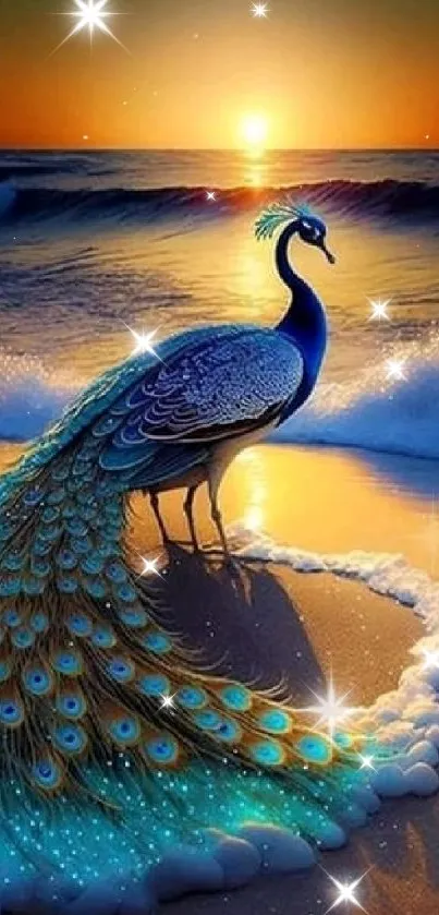 Majestic peacock at sunset by the ocean, with vibrant colors and sparkling waves.