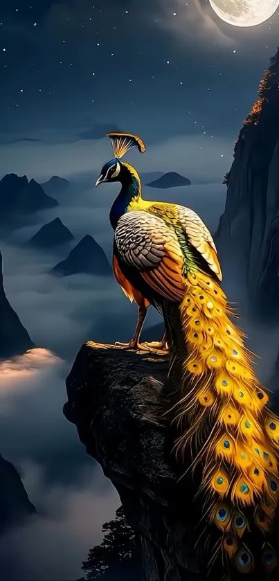 Peacock perched on a cliff under the moonlight with a scenic background.