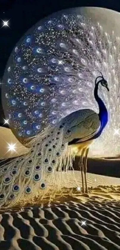 Majestic peacock in moonlit desert landscape wallpaper.