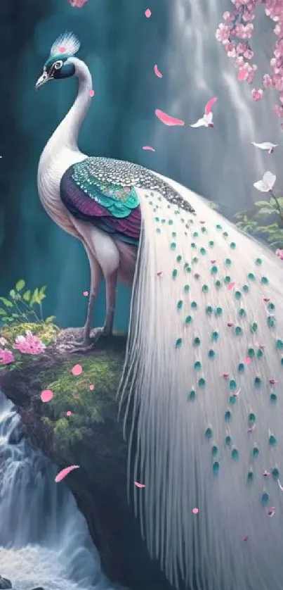 Majestic peacock by a waterfall with cherry blossoms.