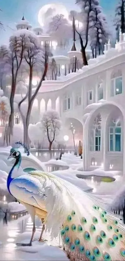 Majestic peacock in a winter scene with elegant buildings and snow.