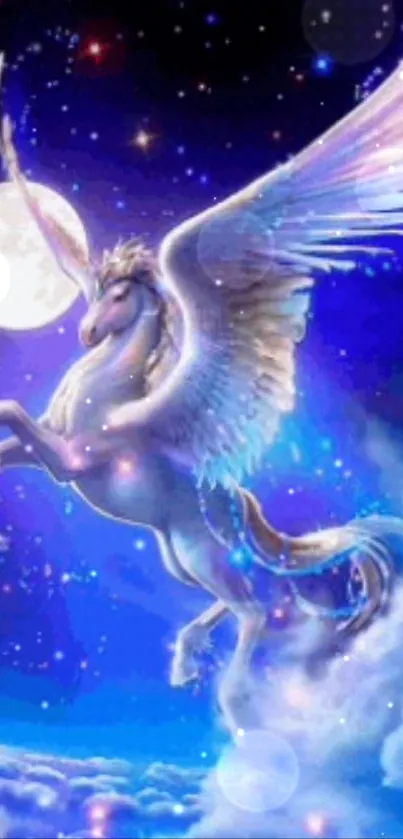 Flying Pegasus in a starry sky with a glowing moon and clouds.