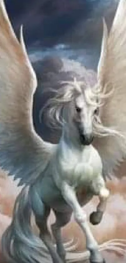 Majestic Pegasus flying through cloudy skies wallpaper.