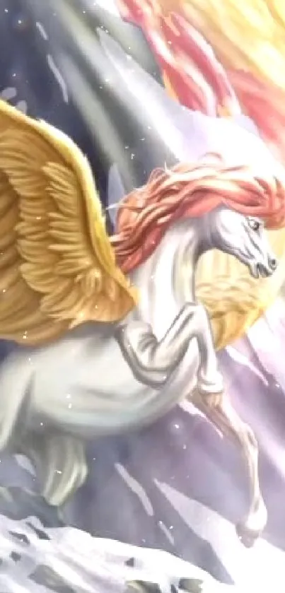 Pegasus with golden wings in bright fantasy art.