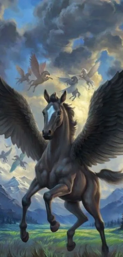 Majestic pegasus flying over mountains with a dramatic sky.