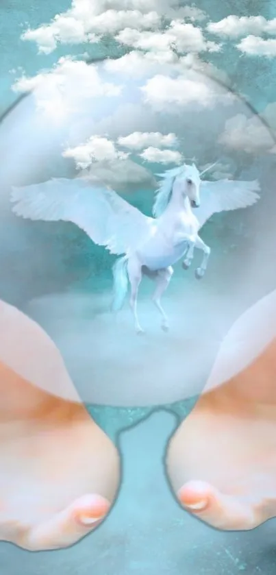 Mystical Pegasus in a glass sphere held by hands with a blue sky background.
