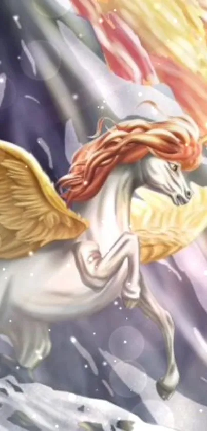 Illustrated Pegasus with golden wings flying through a colorful, mystical landscape.