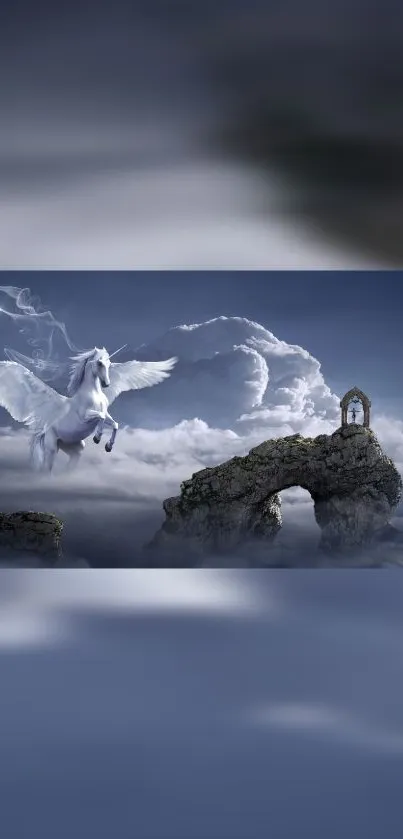 Fantasy Pegasus soaring through clouds over a rocky archway.