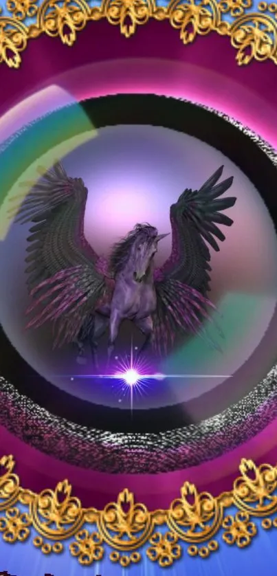Pegasus in a vibrant fantasy jewel frame with golden accents.