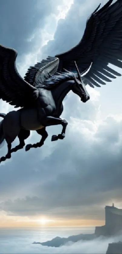 A majestic Pegasus flies across a dramatic sky, creating a mythical and enchanting scene.